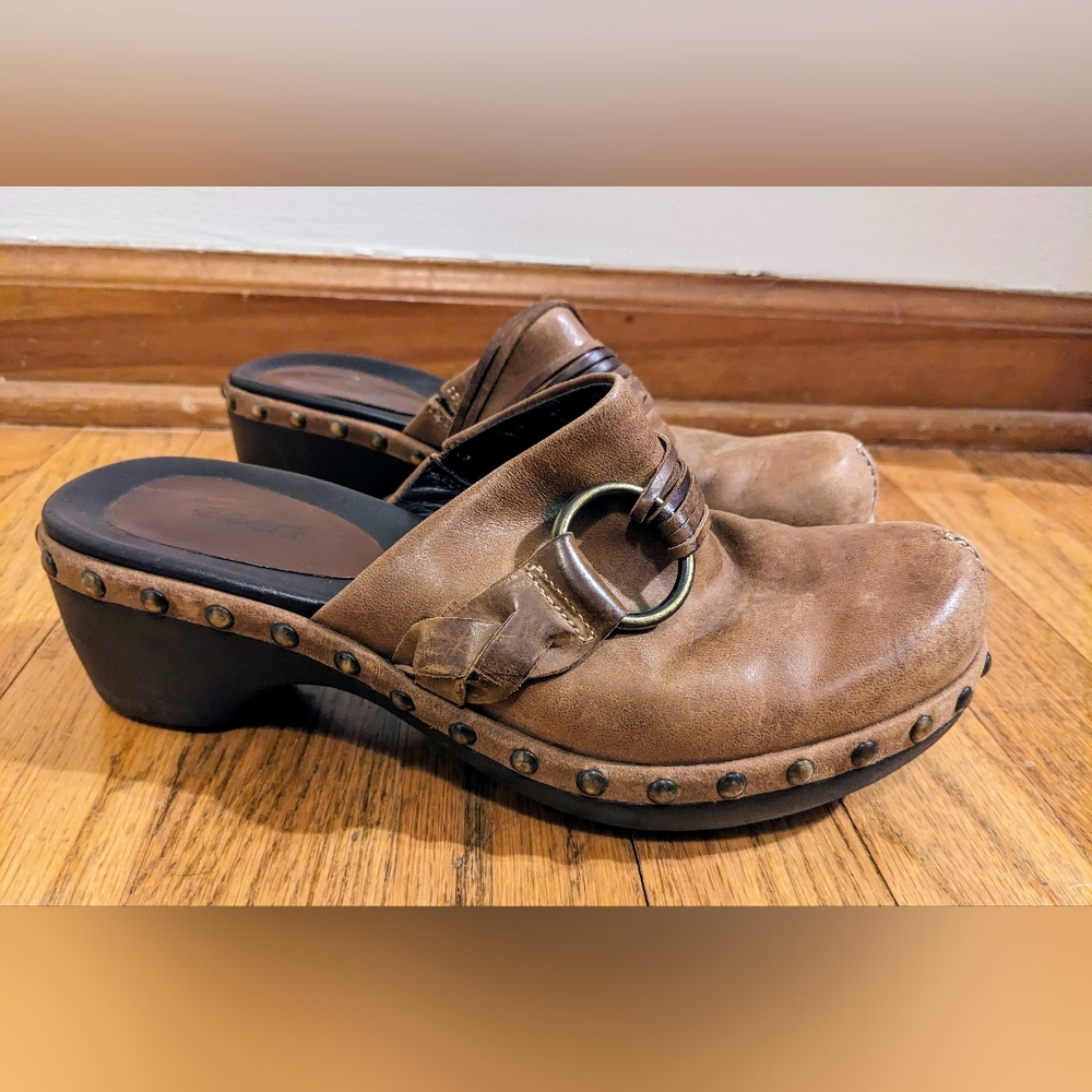 Ecco Brown Leather Studded 2" Slip On Mules size 6.5/37 Boho Comfy